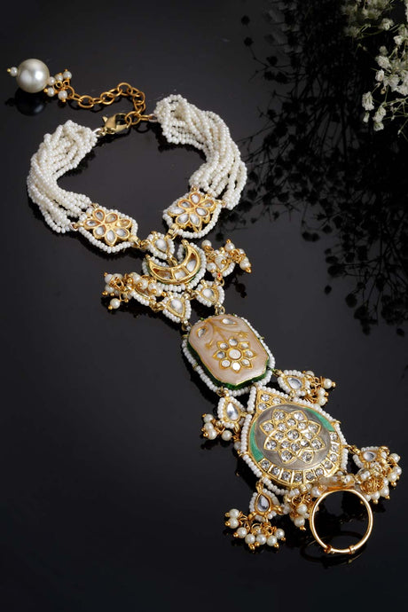 Multicolor And White Gold-Plated American Diamond And Pearls Hathphool