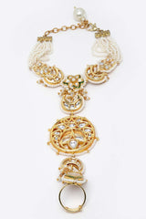 Green And White Gold-Plated Kundan And Pearls Hathphool