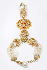 Green And White Gold-Plated Kundan And Pearls Hathphool