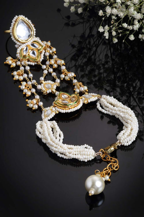 Gold And White Gold-Plated Kundan And Pearls Hathphool