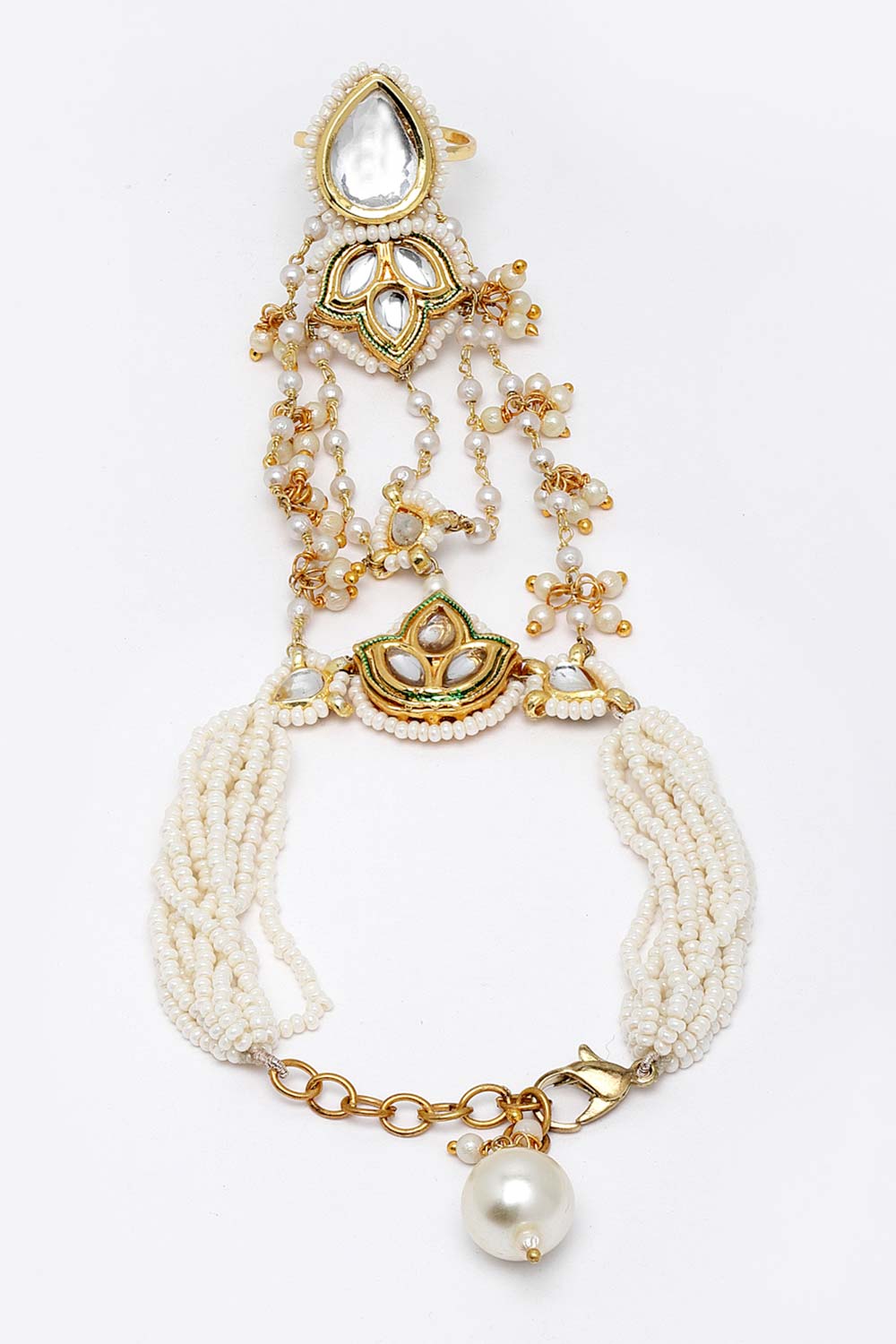 Gold And White Gold-Plated Kundan And Pearls Hathphool