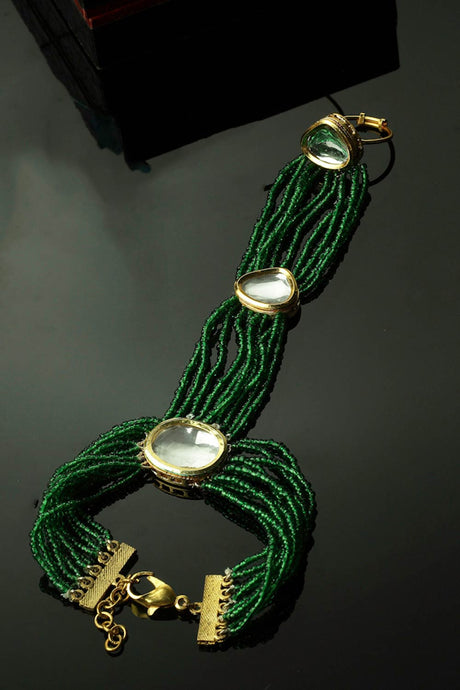 Green And Gold Adjustable Hathphool With Kundan And Pearls