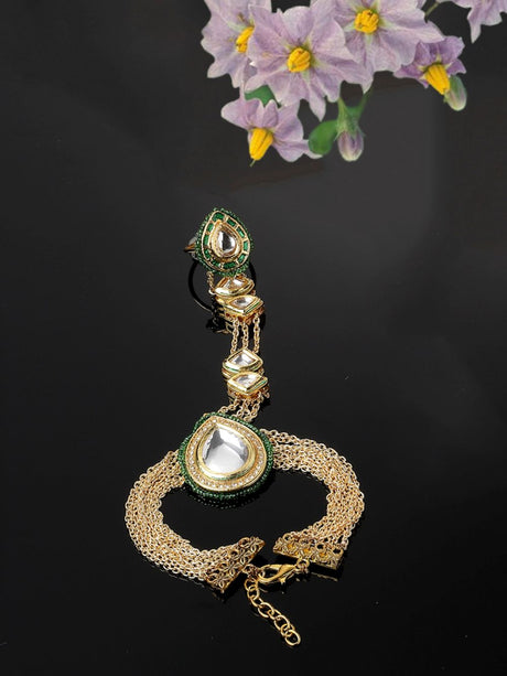 Green And Gold Adjustable Hathphool With Pearls And Natural Stones