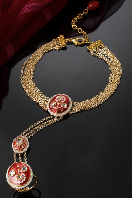 Red And Gold Adjustable Hathphool With Kundan And Pearls