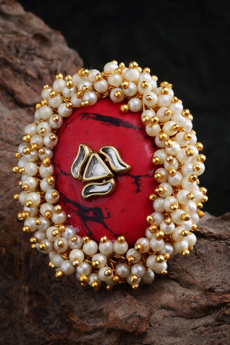 Red And white Gold-Plated Kundan And Pearls Ring