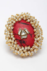 Red And White Gold-Plated Kundan And Pearls Ring