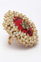 Red And White Gold-Plated Kundan And Pearls Ring