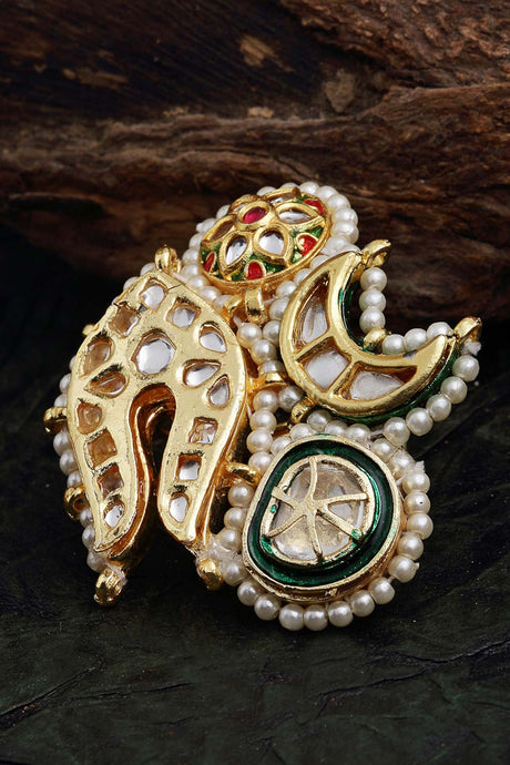 Multicolor White Gold-Plated Kundan And Pearls Ring