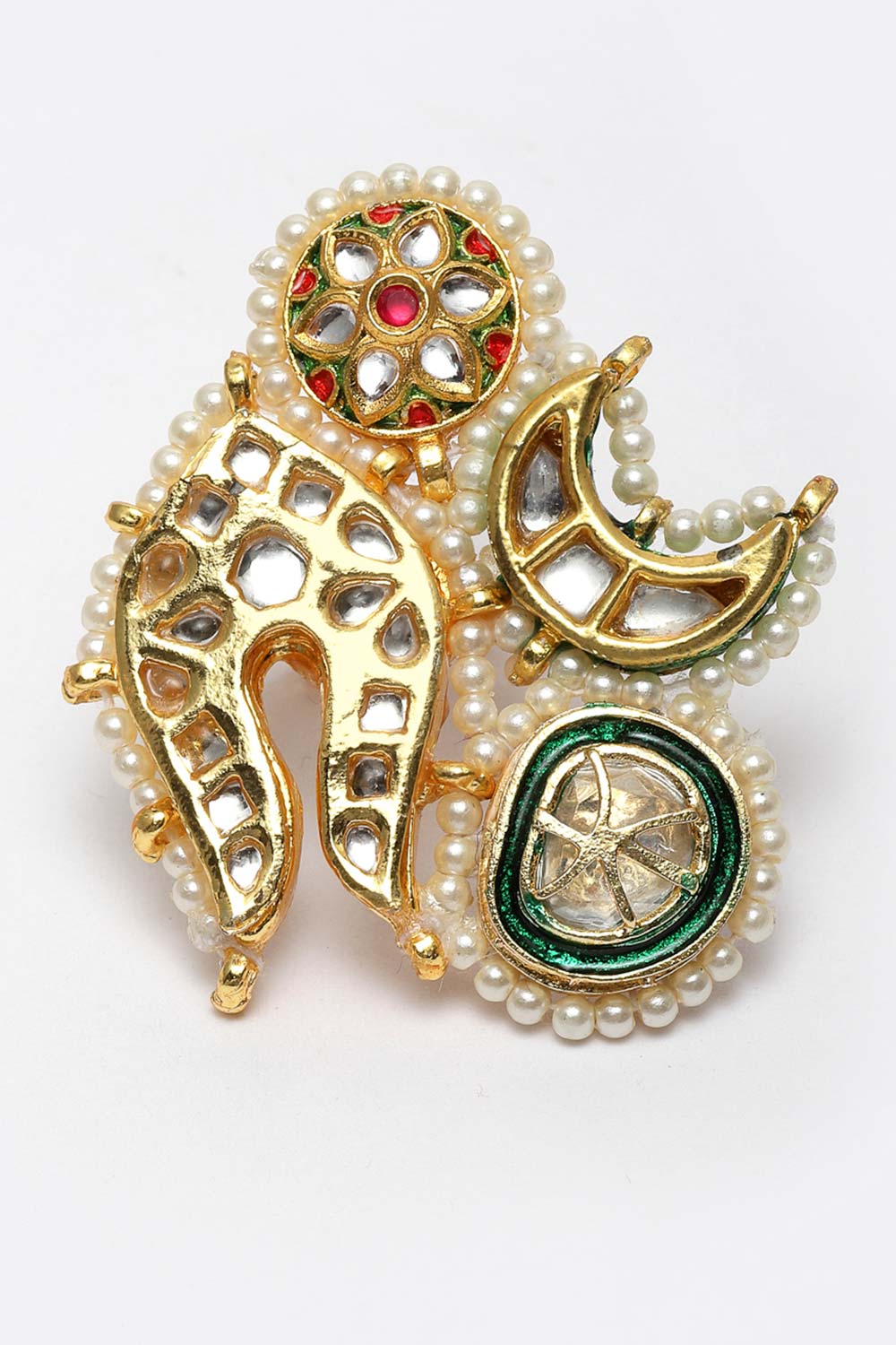 Multicolor White Gold-Plated Kundan And Pearls Ring