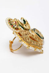 Multicolor White Gold-Plated Kundan And Pearls Ring