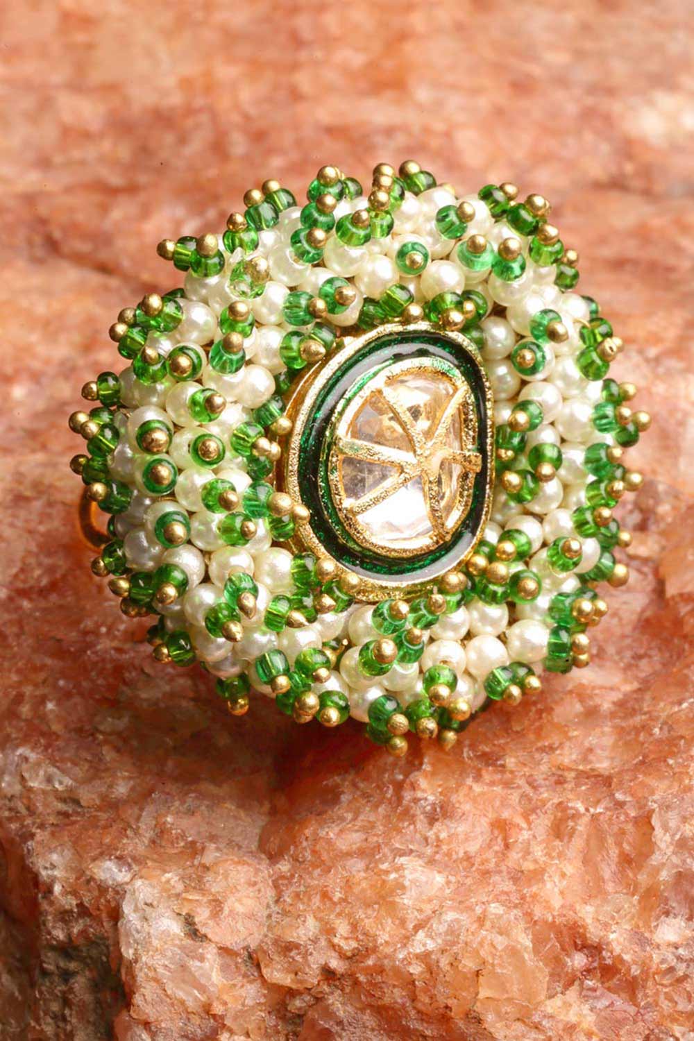 Green And White Gold-Plated Kundan And Pearls Ring