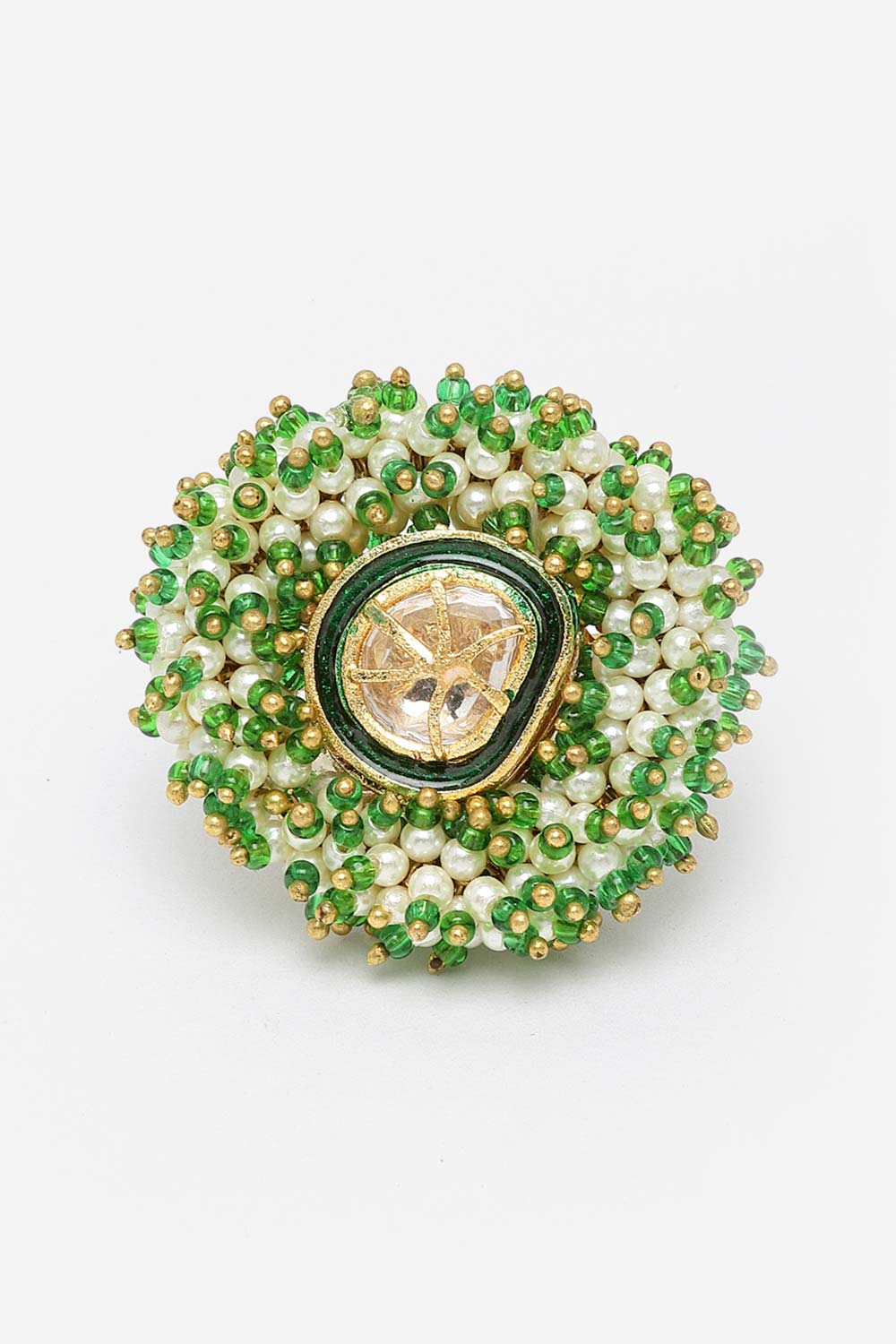 Green And White Gold-Plated Kundan And Pearls Ring