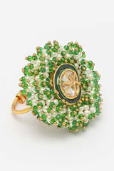 Green And White Gold-Plated Kundan And Pearls Ring