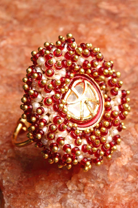 Red Gold-Plated Kundan And Pearls Ring