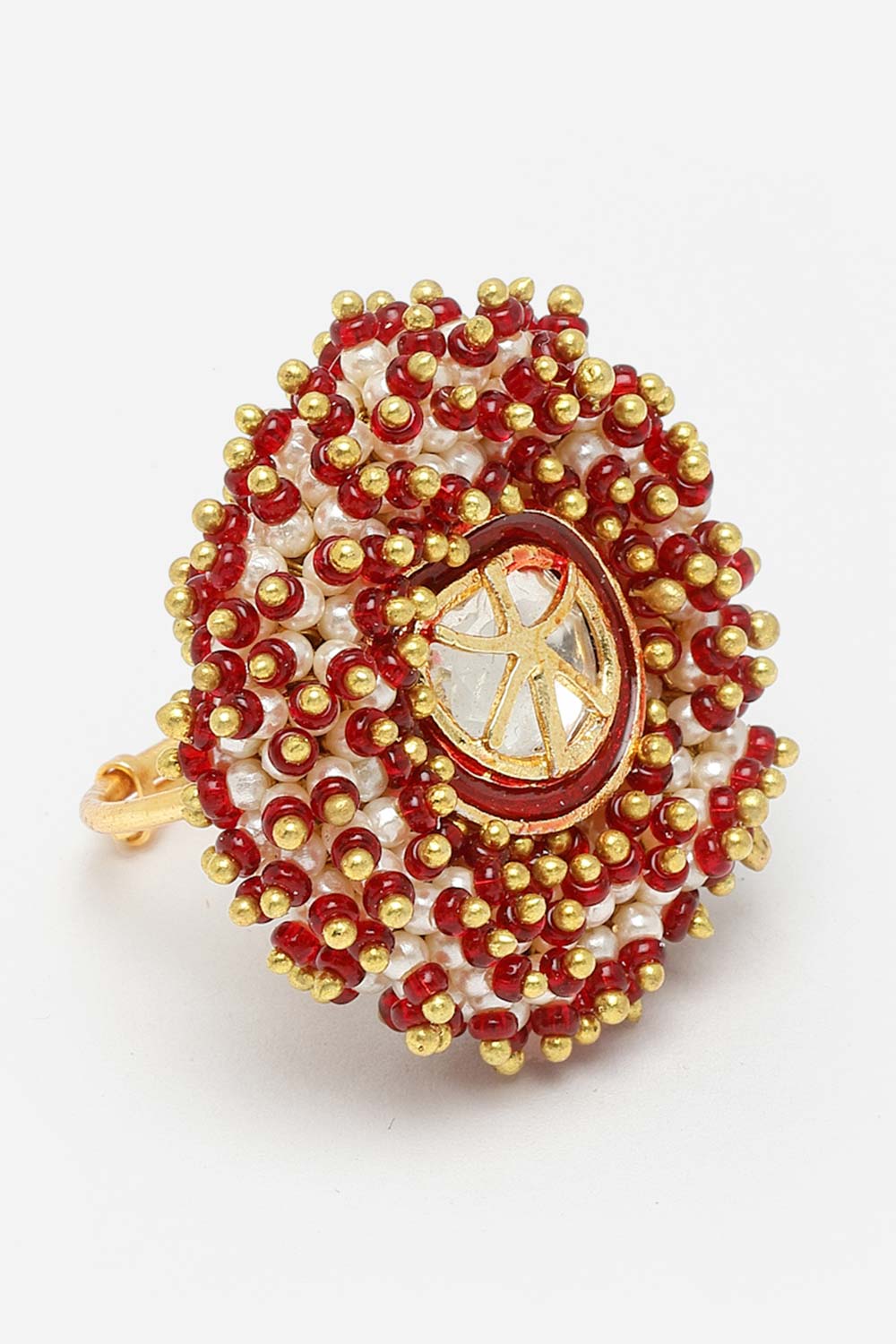 Red Gold-Plated Kundan And Pearls Ring