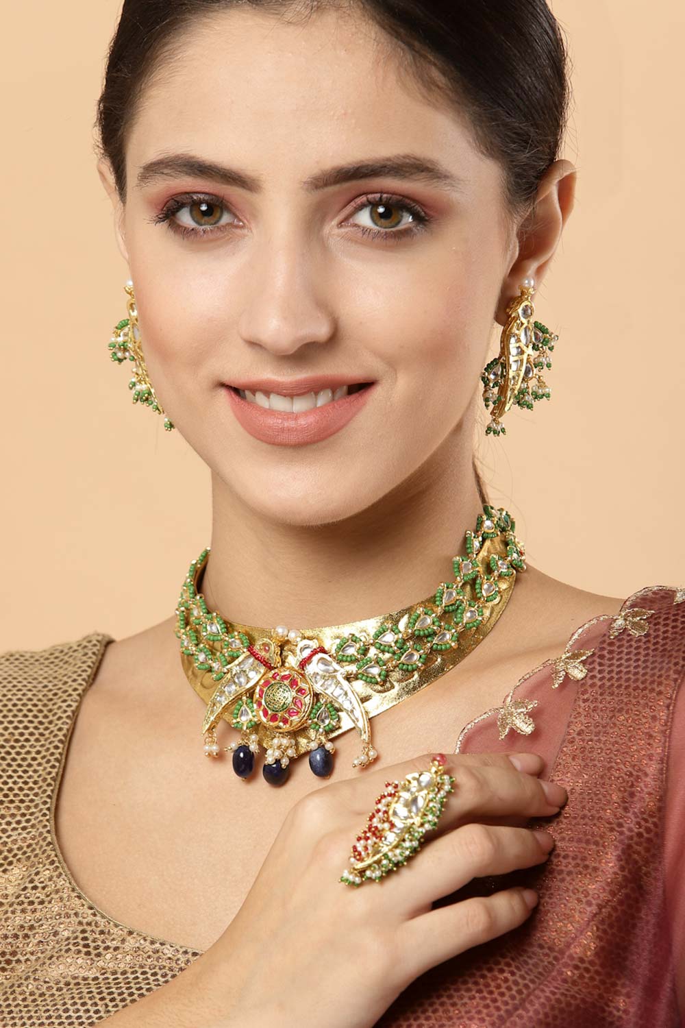 Red And Green Gold-Plated Kundan And Pearls Ring