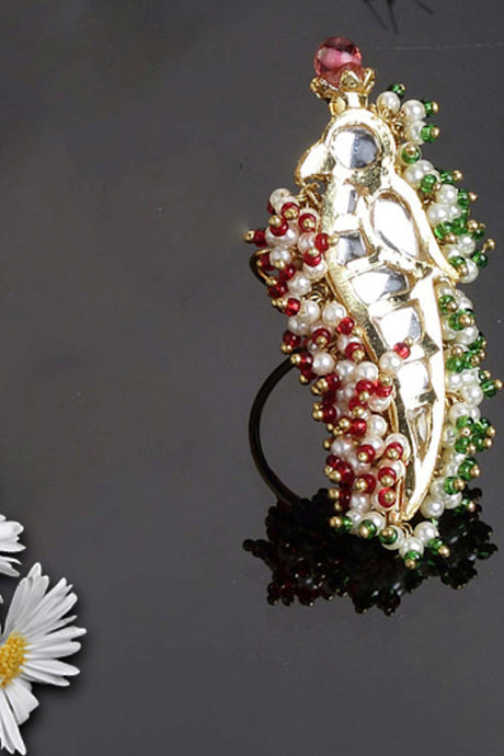 Red And Green Gold-Plated Kundan And Pearls Ring