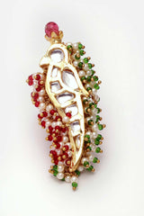 Red And Green Gold-Plated Kundan And Pearls Ring