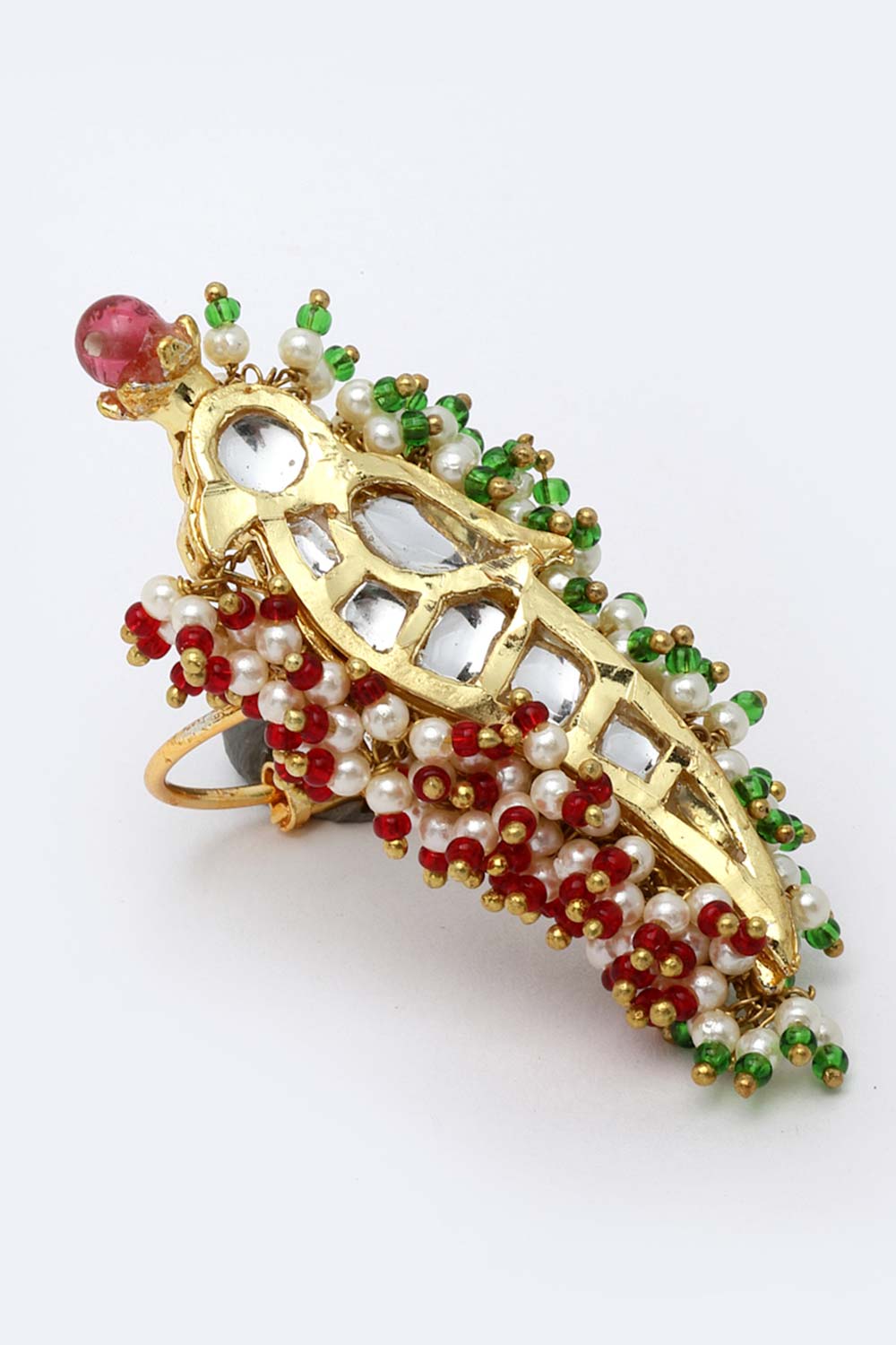 Red And Green Gold-Plated Kundan And Pearls Ring