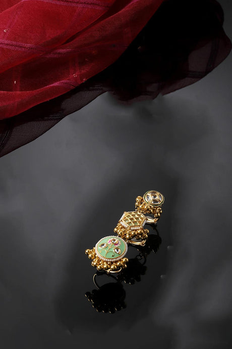 Green And Gold Adjustable Ring With Kundan And Pearls