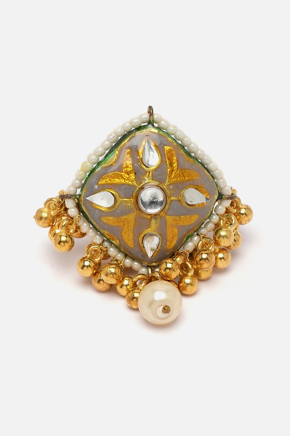 Grey And Green Adjustable Ring With Kundan And Pearls