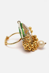 Grey And Green Adjustable Ring With Kundan And Pearls