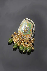 Green And Gold Adjustable Ring With Kundan And Pearls