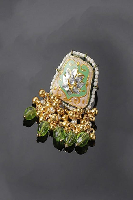 Green And Gold Adjustable Ring With Kundan And Pearls