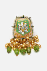 Green And Gold Adjustable Ring With Kundan And Pearls