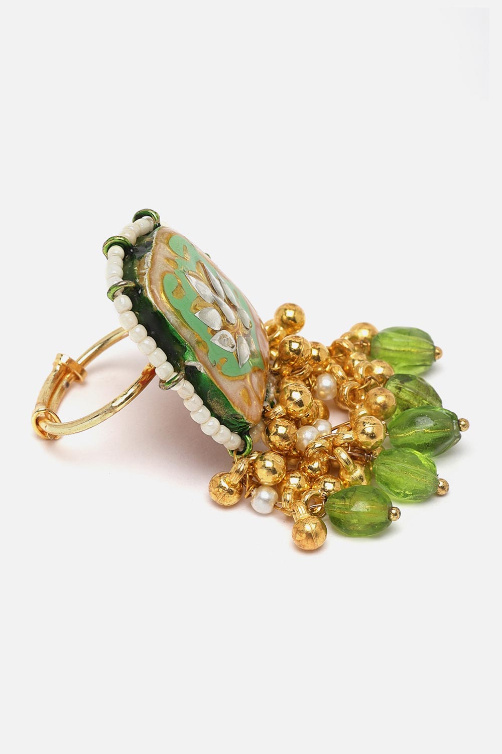 Green And Gold Adjustable Ring With Kundan And Pearls