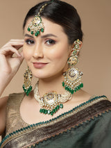 Buy Peach and Green Gold-Plated Kundan and Pearls Mang Tikka Online