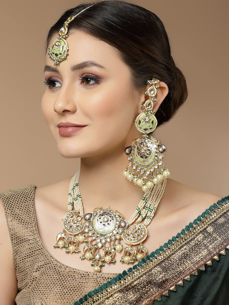 Buy Green and Cream Gold-plated Kundan and Pearls Mang Tikka Online