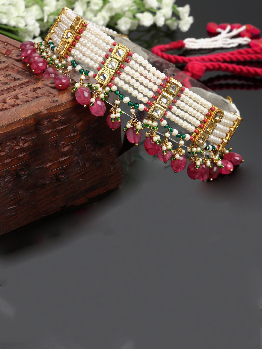 Pink And Green Gold-Plated Kundan And Pearls Choker Necklace