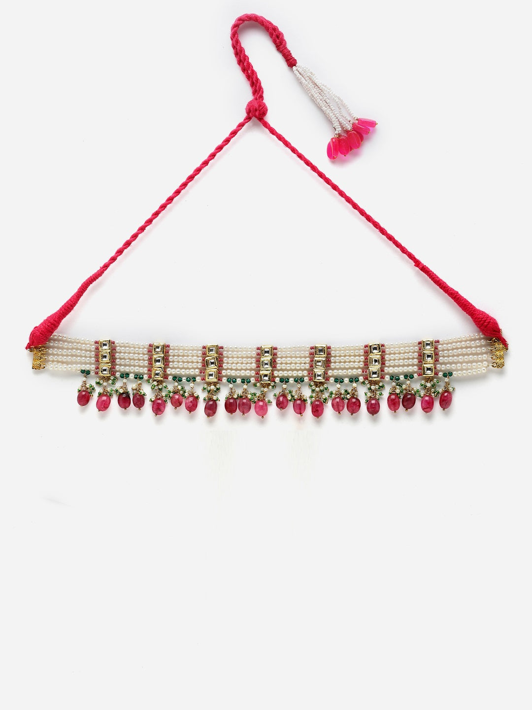 Pink And Green Gold-Plated Kundan And Pearls Choker Necklace