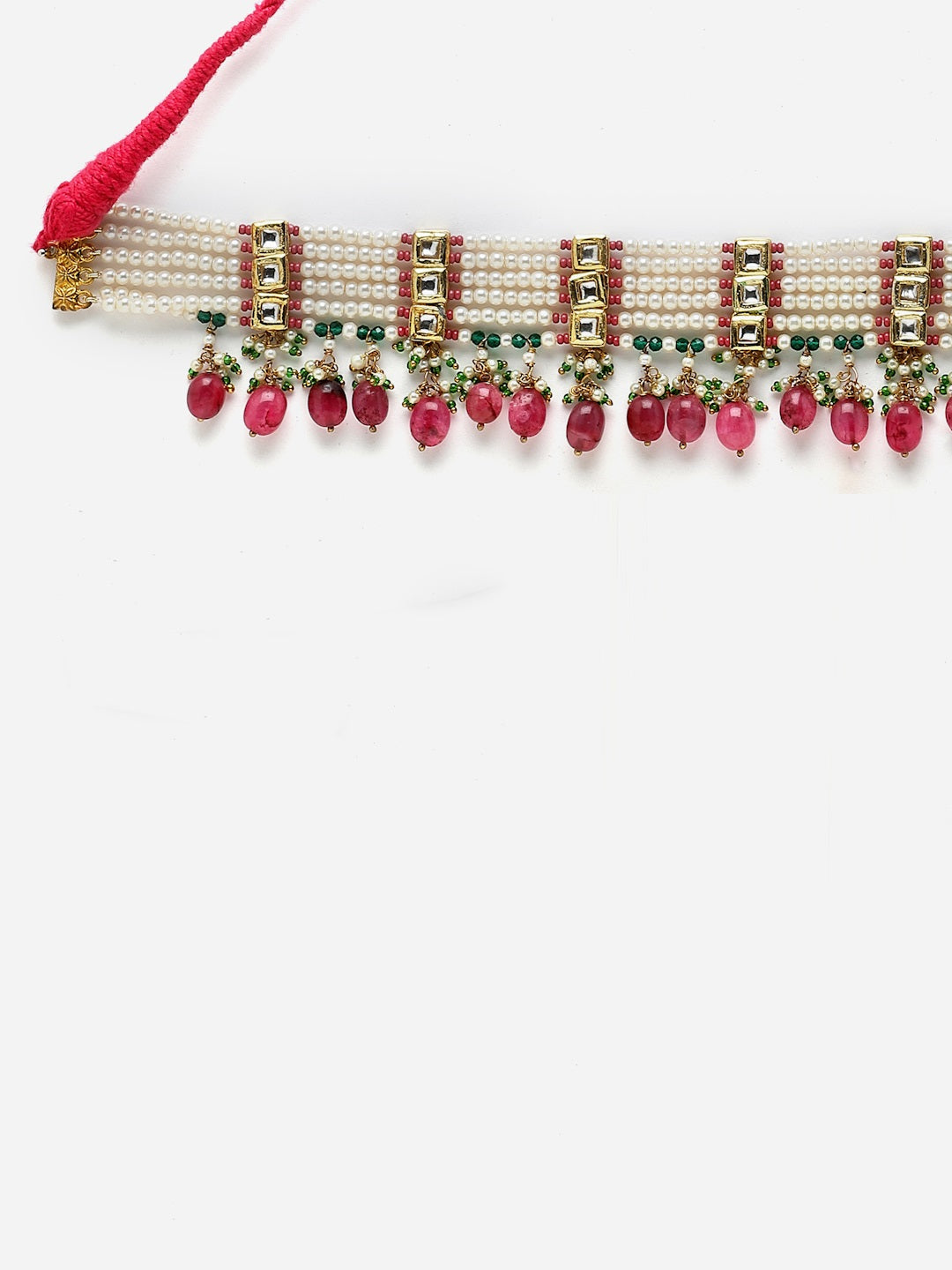 Pink And Green Gold-Plated Kundan And Pearls Choker Necklace