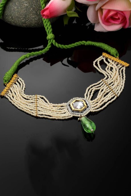 Green And Cream Choker Necklace With Kundan And American Diamond