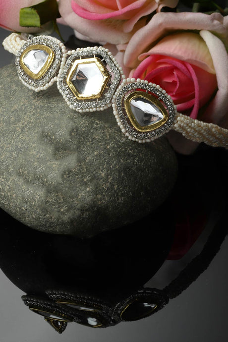 Grey And Silver Choker Necklace With Kundan And American Diamonds