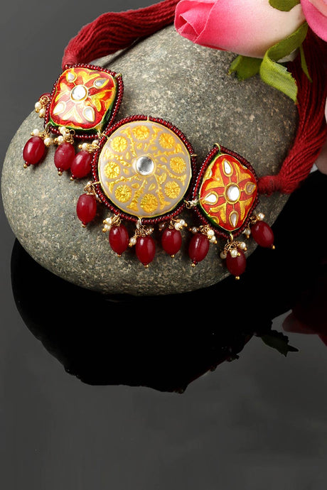 Red And Grey Choker Necklace With Kundan And Pearls