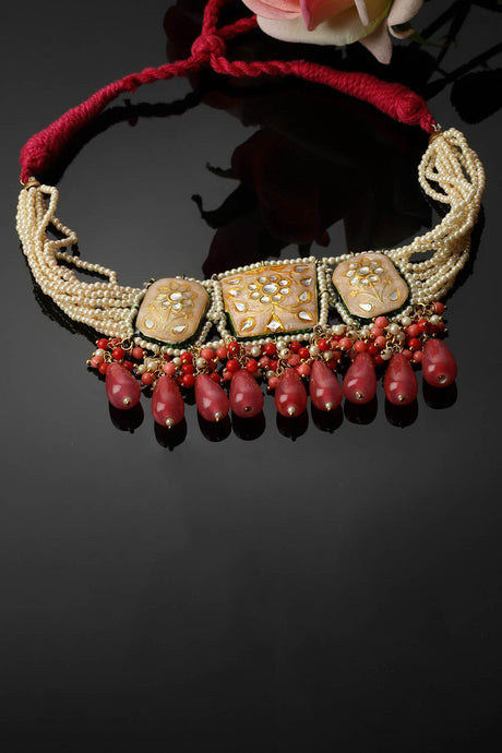 Peach And Pink Choker Necklace With Kundan And Pearls