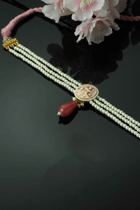 Pink And Gold Choker Necklace With Kundan And Pearls
