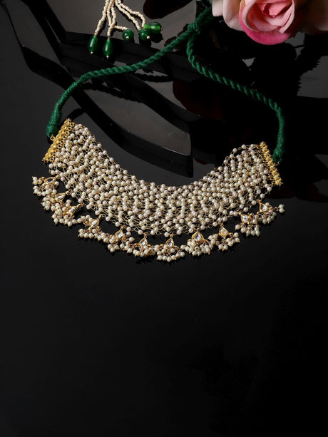 Green And Peach Choker Necklace With Kundan And Pearls