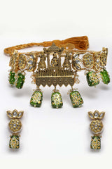 Green And White Gold-Plated Kundan And Pearls Jewellery Set