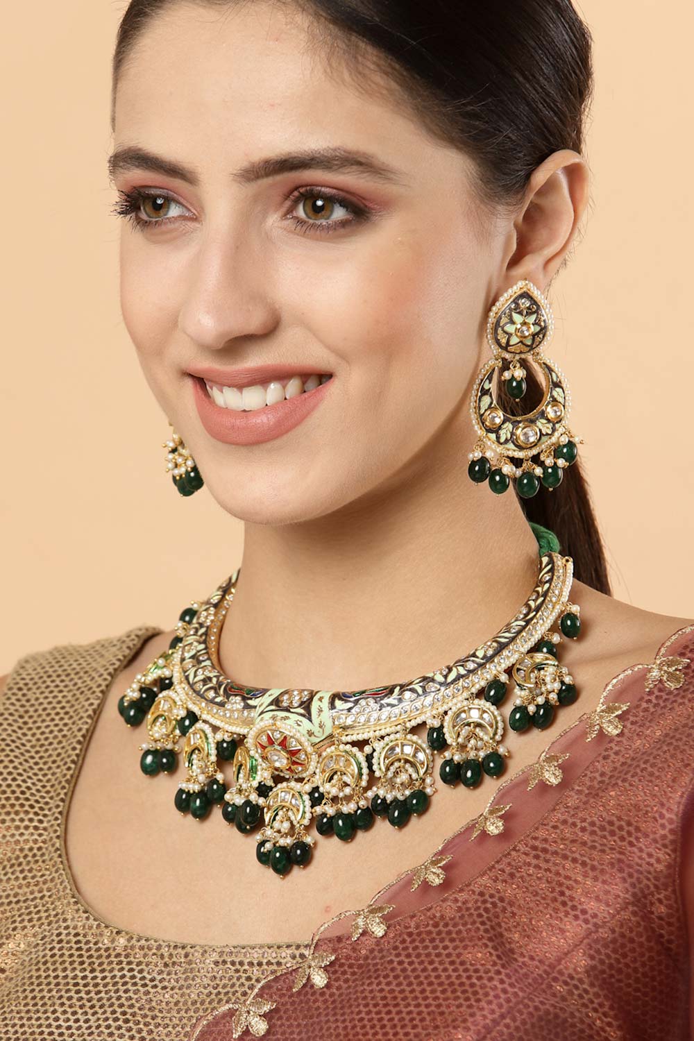 Multicolor Gold-Plated Kundan And Pearls Jewelry Set