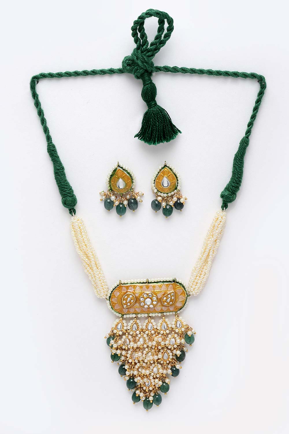 Yellow And Green  Gold-Plated Kundan And Pearls Jewelry Set