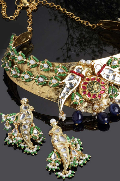 multicolor Gold-Plated Kundan And Pearls Jewellery Set