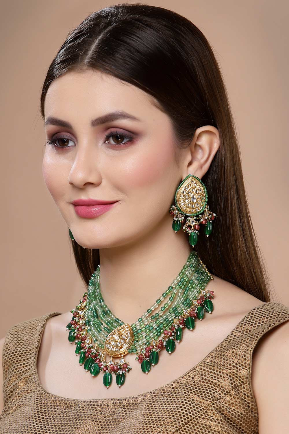 Green And Pink Gold-Plated Kundan And Pearl Necklace Earring Sets