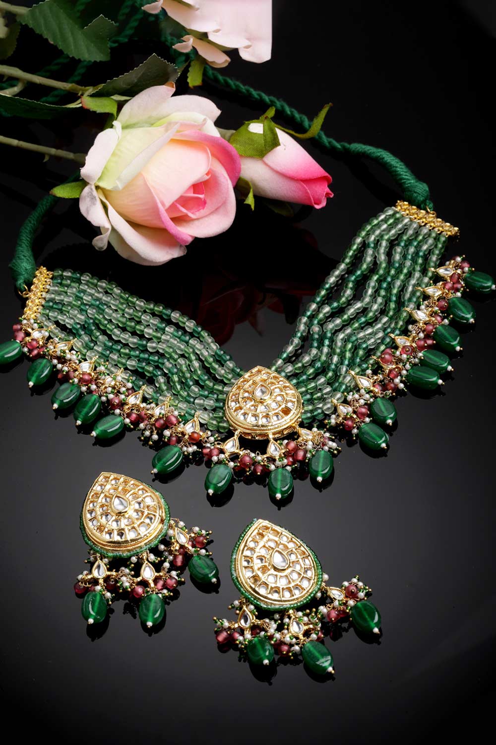 Green And Pink Gold-Plated Kundan And Pearl Necklace Earring Sets