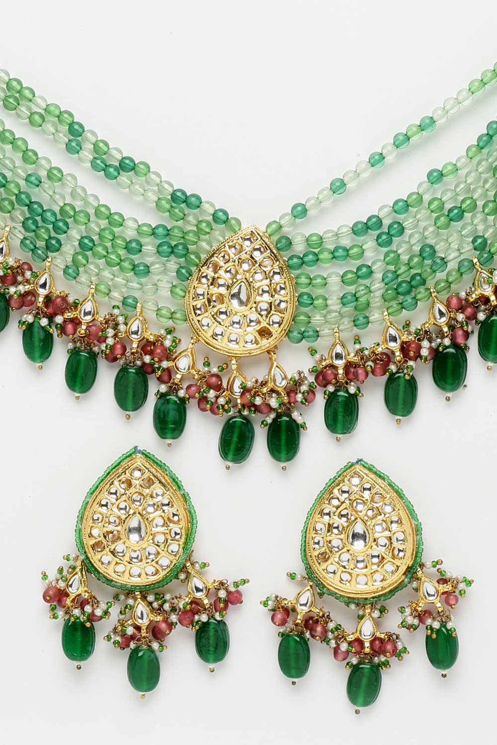 Green And Pink Gold-Plated Kundan And Pearl Necklace Earring Sets