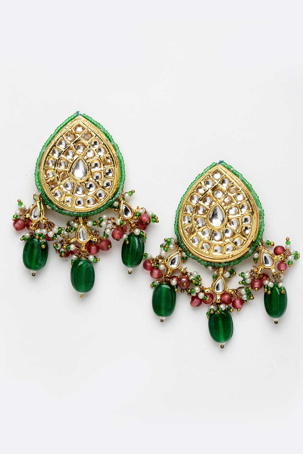 Green And Pink Gold-Plated Kundan And Pearl Necklace Earring Sets