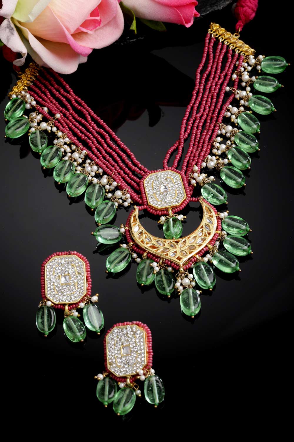 Pink And Green Gold-Plated Kundan And American Diamonds Necklace Earring Sets - Back Backround 